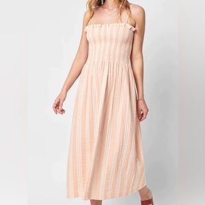 FAHERTY Lakeview Linen Smocked Maxi Dress Size Medium Sepia Neutral Stripe NWT